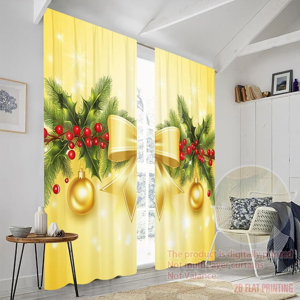 2 قطعة ، 2D الطائرة الطباعة لوحات الستار شعبية عيد الميلاد القوس هولي التوت الحلي (4) دائم 100% البوليستر النسيج (بدون