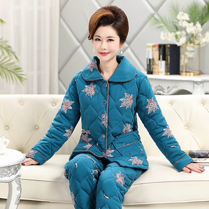 Middle-aged woman thickening pyjamas cotton three-layers quilted pajamas set Ladies warm 2 piece Sleepwear flower home clothes