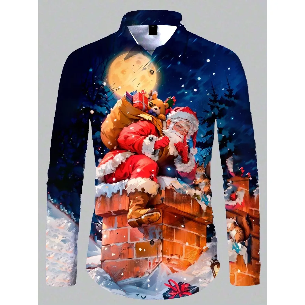 Męska koszula z długim rękawem Casual Fashion Santa Claus Printed Shirt 3d Design Męska koszula z klapą z długim rękawem New Year Gift Top