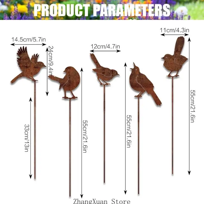 Vogel-Gartenstecker für Blumenkästen, 5er-Set, Topfstecker aus Metall mit abgenutzter Oberfläche und Vogelausschnitten für – Detail 6