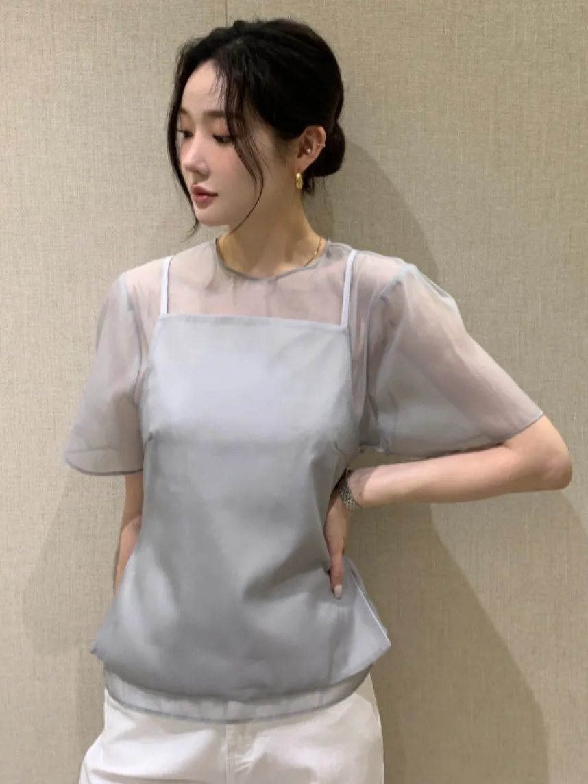 

Women's Summer Thin ort Sve irt Design Sensation Layering Ne Hanging Sle Vest Transparent Bubble Sve Commute Sle