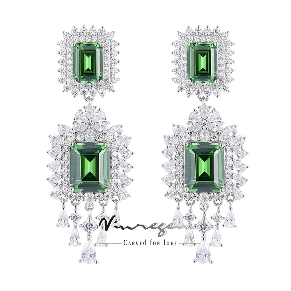 

Vinregem 6*8 MM Emerald Sapphire Ruby High Carbon Diamond Gemstone Tassel Drop Earrings 100% 925 Sterling Silver Fine Jewelry