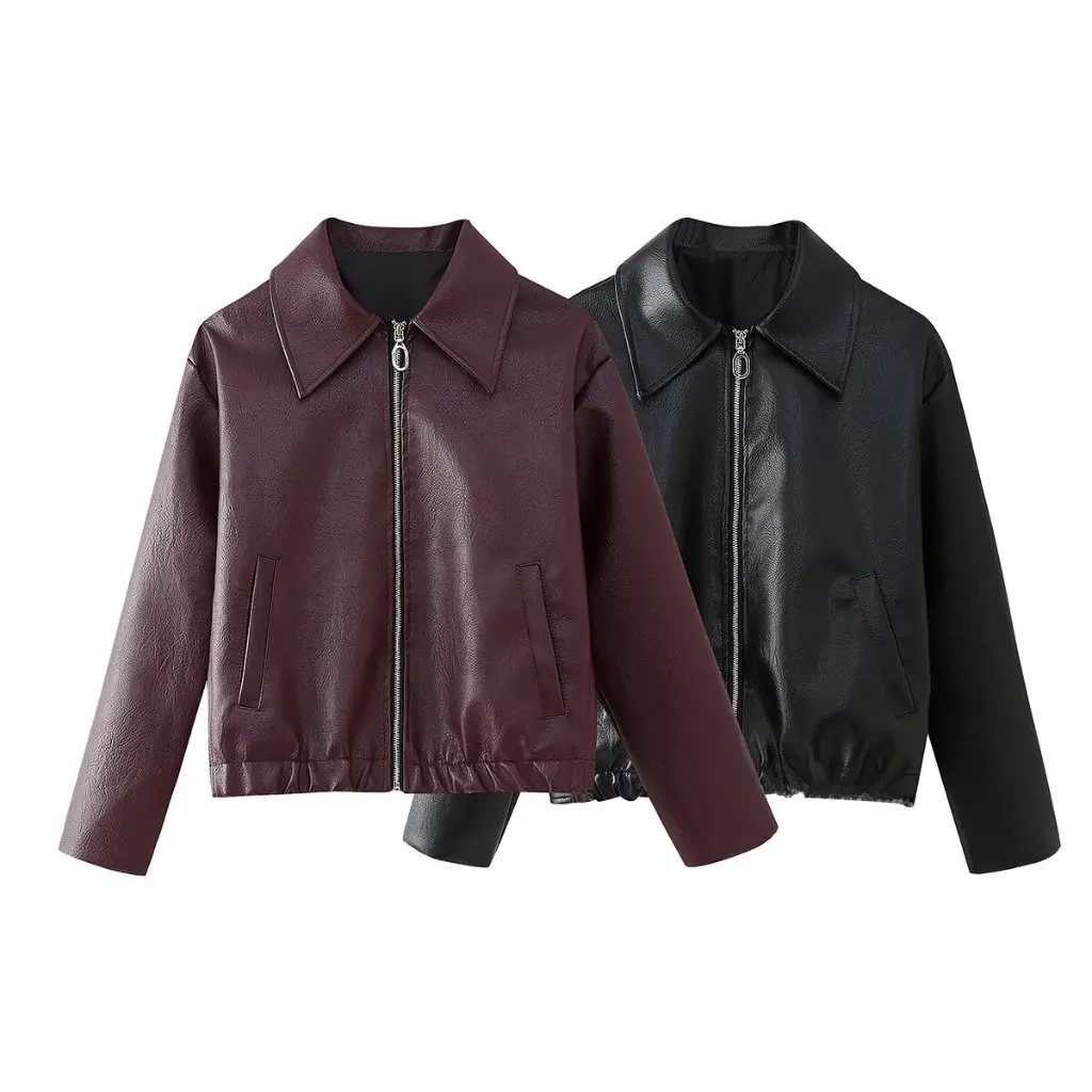 

Women's Long Sleeve PU Leather Jacket New American Retro Style Wholesale Hot Supply by