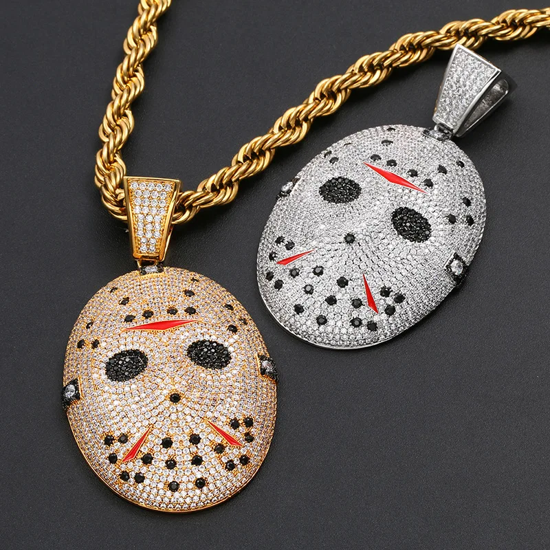 

Unique Iced Out Jason Mask Pendant Two Tone Design Hip Hop Full Zircon Unisex Cuban Chain Nightclub Jewelry Trendy Essential