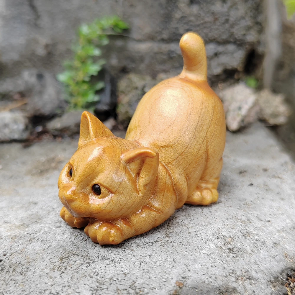1.7 Inch Hand-Carved Wooden Cat Figurine Ornament, Minimalist Style, Animal Theme. Suitable for living room, Christmas decorations, interior decorations, bedroom, Halloween decorations, fireplace, home decor, party decorations