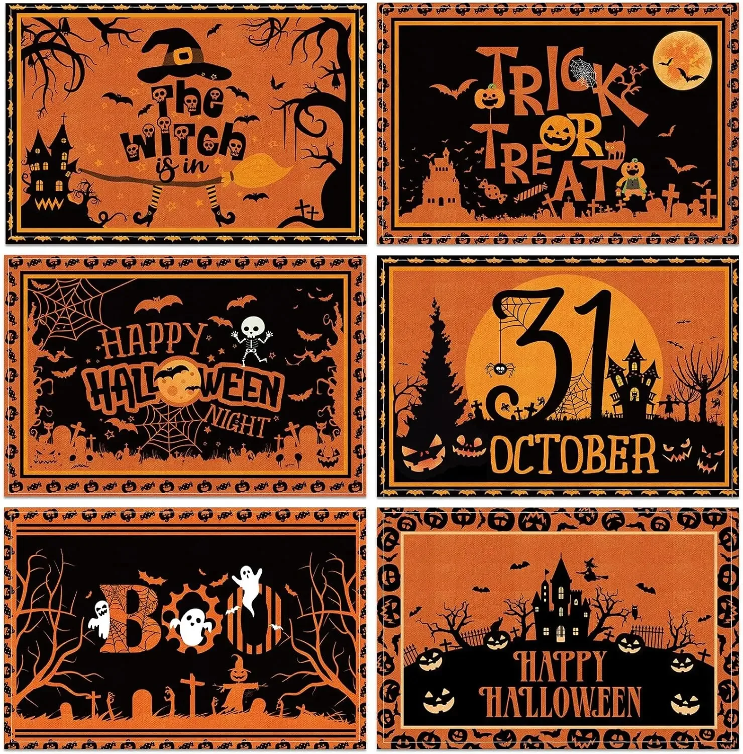 Yellow-dominated Style Halloween Pumpkin Haunted House Skull Pattern Printed Linen Table Mats Party Dining Table Decorations