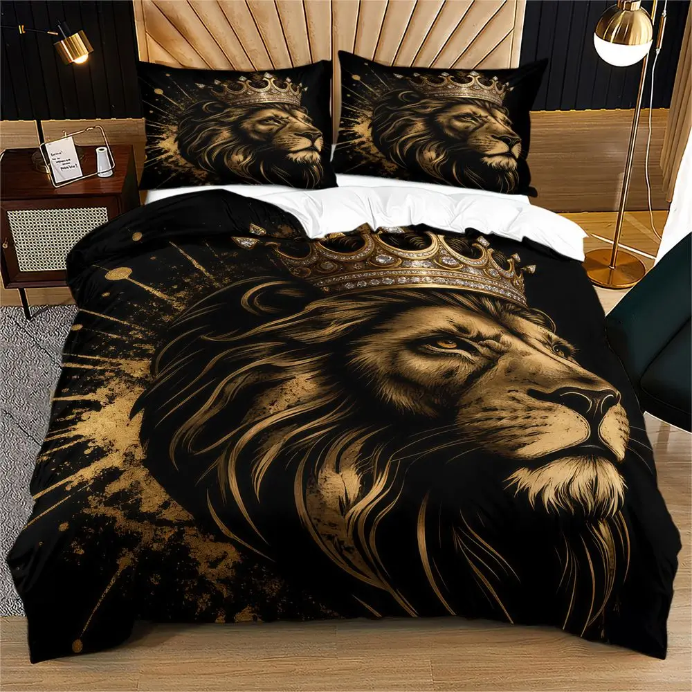Golden Crown Lion Print Duvet Cover Set Comforter Cover Bedding Set No Filler Luxury Men Bedroom Decor Bedding Kit