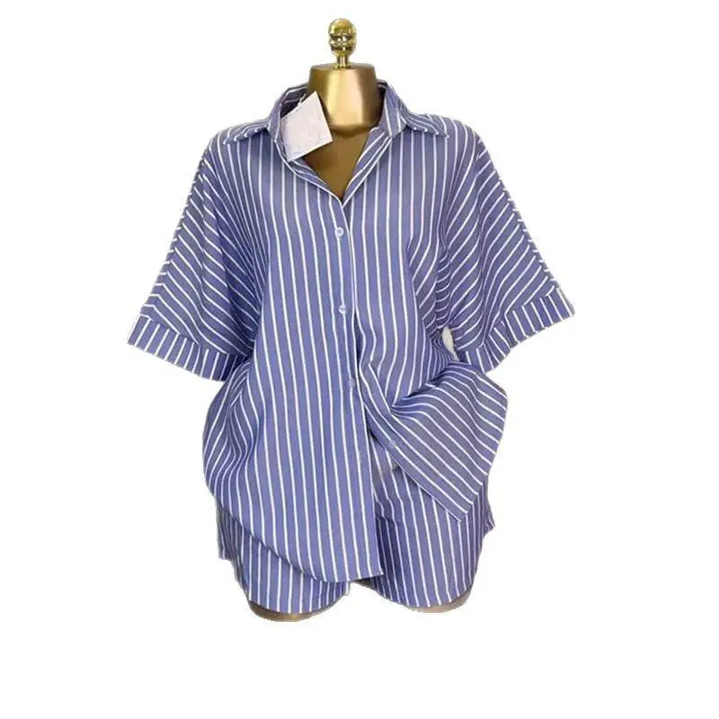 Faionable Loose Striped irt High Waist Wide Leg orts Set Women's Summer New Arrival Blue White Cross-Border Clothing