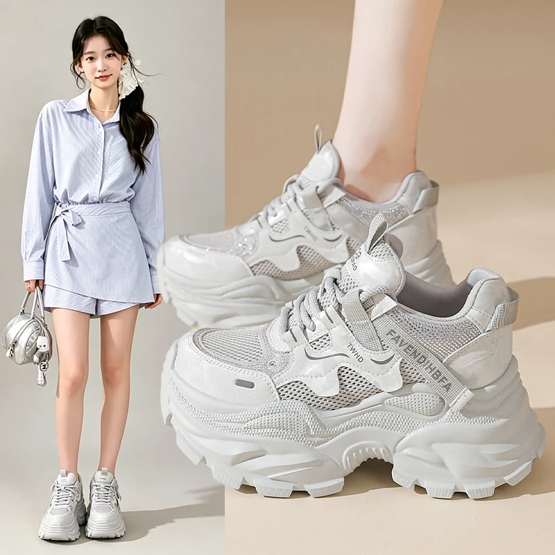 8 cm Leather Flats Casual Dad Shoes Chunky Sneakers Women Platform Sports Shoes Ladies Skateboard Hidden Heels Shoes Tennis