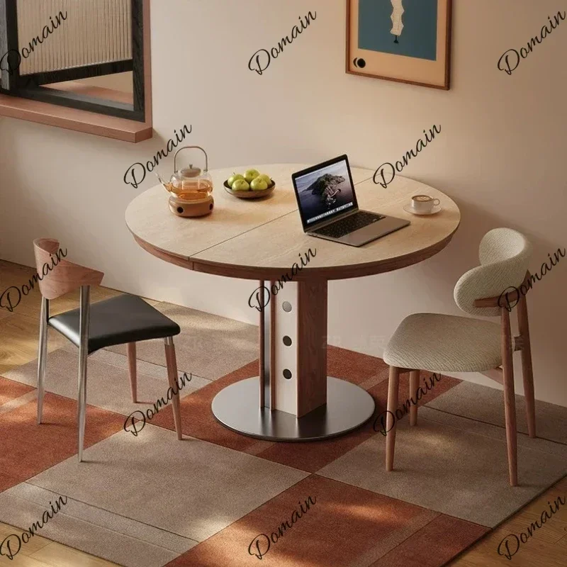 30XX Home Modern Luxury Solid Wood Retractable Folding Dining Table Household Travertine Rock Slab Round Tables With 4 Chairs Pl
