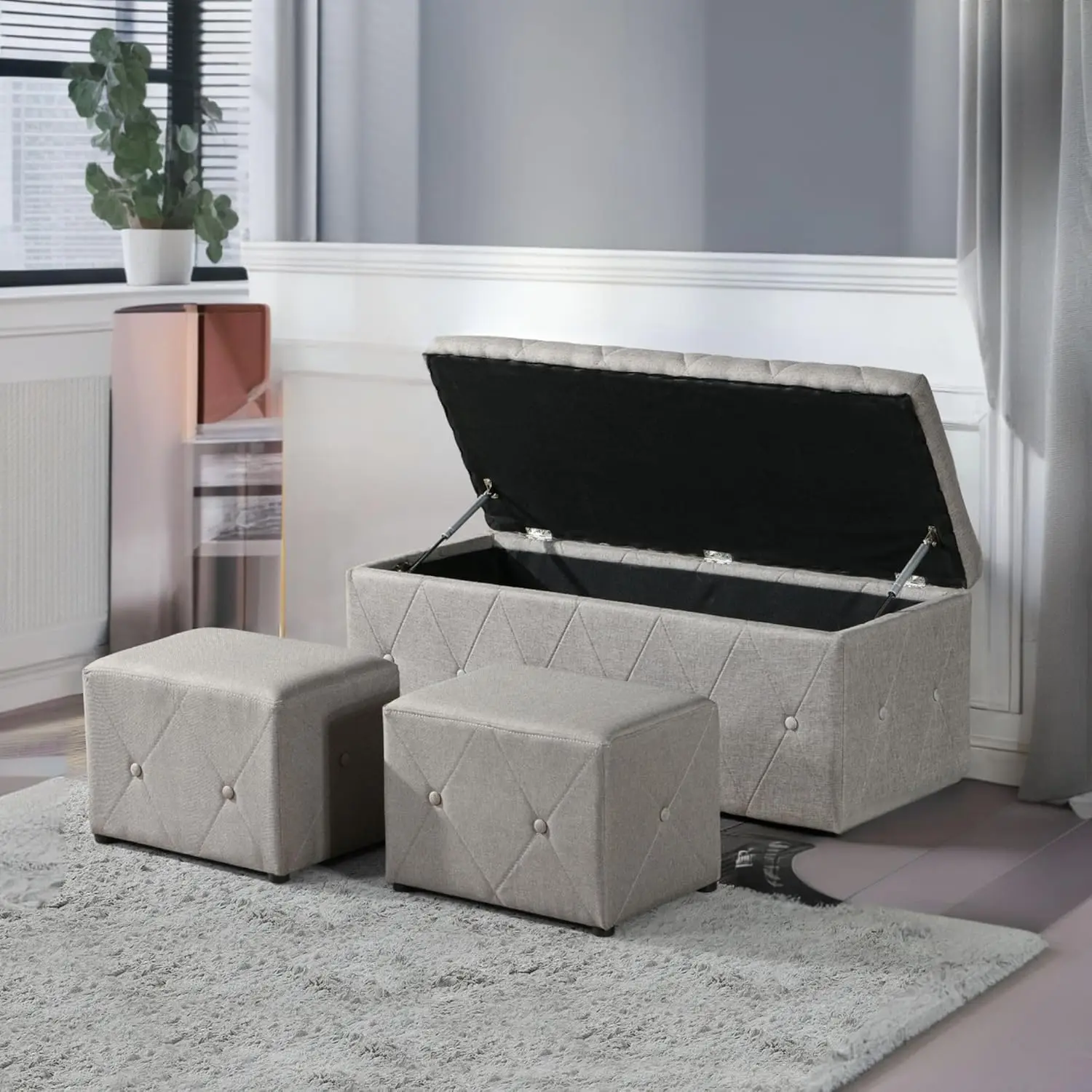 

Ottoman With Toy Box End Of Bed Storage Bench - Rectangular Storage Ottoman Fabric Linen, Beige