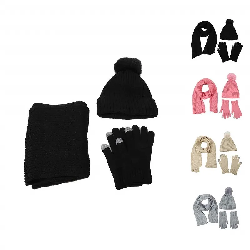 Women Knitted Beanies Cold Hat 3pcs Warm Winter Hat For Women Scarves Cap Scarf Gloves Hats Three Sets 2024 New