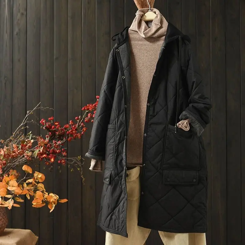 

Хлопковое зимнее пальто средней длины с капюшоном, теплая хлопковая одежда, свободный крой, длинные пуговицы свевого цвета