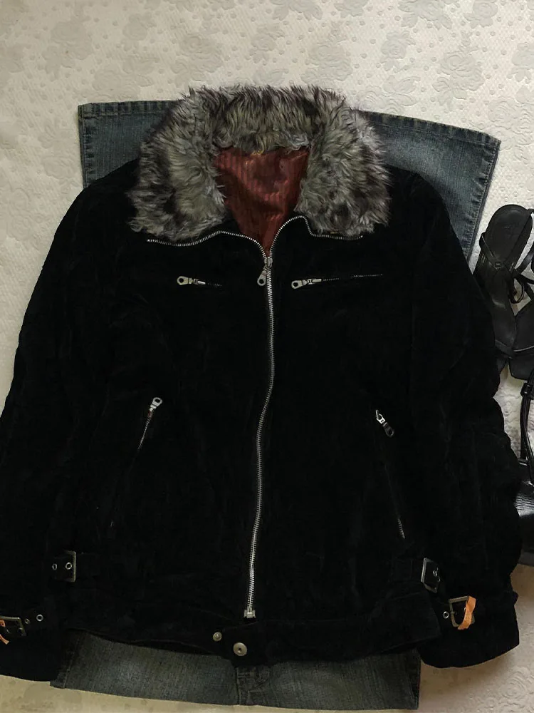 Thiened Bla Pelzkragen-Jacke Weiße Birnbaum-Ranke Retro Amerikanischer Stil Warm Modisch Herbst Winter Oberbekleidung Pendler-Stil