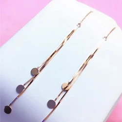 Plated 14K Rose Gold Shiny Tassel Earrings for Women 585 Purple Gold Snake Bone Chain Glossy Round Earline New in Jewelry