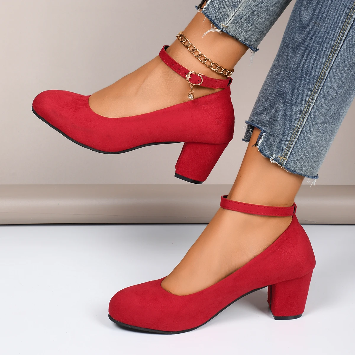 Women Pumps New Autumn Thick Heels Shoes for Women One-line Buckle Shallow Mouth High Heels Women Large Size Sexy Work Pumps