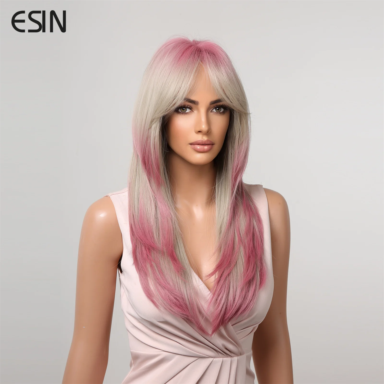 ESIN Synthetic Wig Medium Mixed Brown and Purple Color Wigs for Women Ombre Layered Hair with Dark Roots