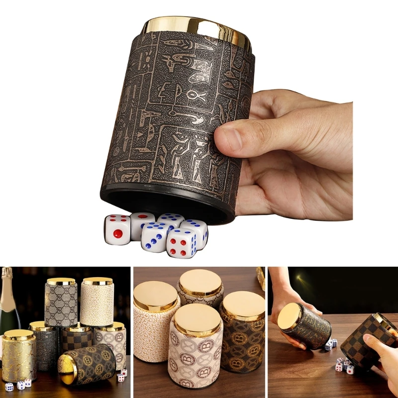 Dices Shake Container with 6 Dices Set Dices Cup Leathers Stable Sturdy Comfortable Hand Feeling Dices Shake Container