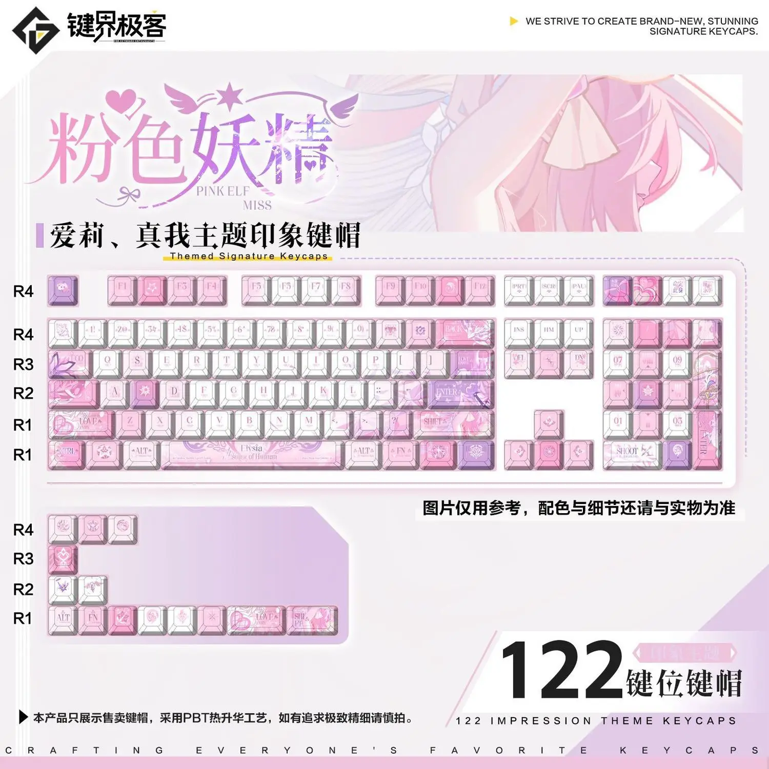 122 KeysHonkai 3 Miss Pink Elf♪ Elysia Game Keycap Impression PBT Game Side Engraved Cherry MOA Two-dimensional Keycap for