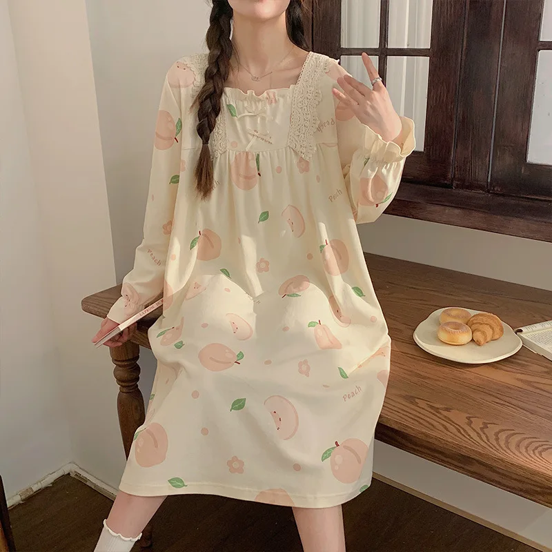 Large Size Dress Maternity Spring Summer Nightgown Cotton Long-Sleeved Pajamas Long Section Kawaii Floral Casual Simple Homewear