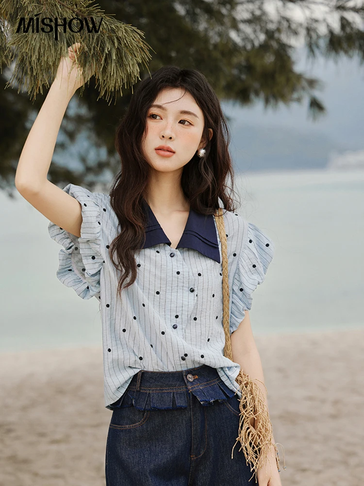 MISHOW Blus Wanita Kantor Musim Panas Wanita 2025 Kemeja Polka Dot Kerah Lipat Lengan Pendek Atasan Ramping Fashion Wanita MXE31C0776