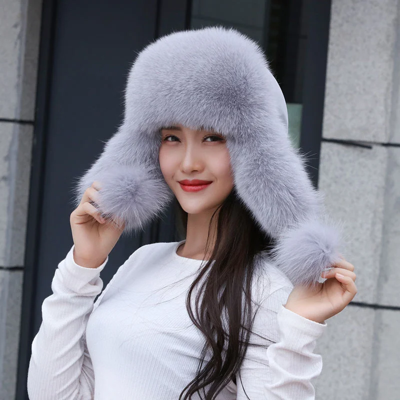 2023 Cap100% Real Fox Fur Women\'s Hats Russian Ushanka Aviator Trapper Snow Ski Hat Earflap Caps Winter Raccoon Fur Bomaber Hat