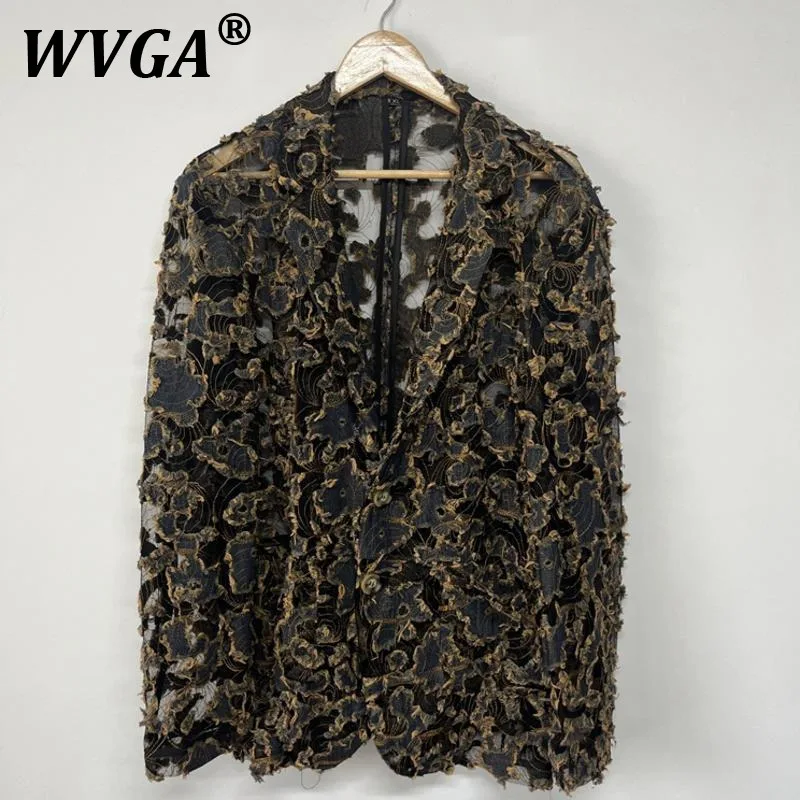 

WVGA Spring Autumn New Vintage Distressed Denim Mesh See-through Ripped Men's Darkwear Blazer Niche Casual Suit-Coats Ins W10547