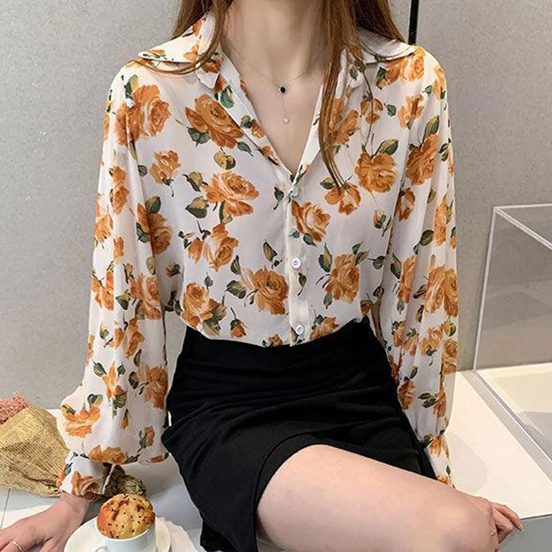 Womens Trendy Vintage Floral Print Button Up Shirt Spring Autumn Korean Elegant Chic Blouse Long Sleeve Loose Tops Casual Blusas