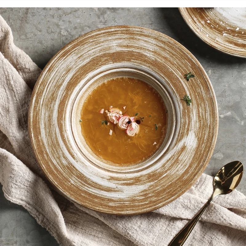 

керамическая посуда, еда, ресторан, суп специальной формы, соломенная шляпа для отеля, 9-дюймовая круглая