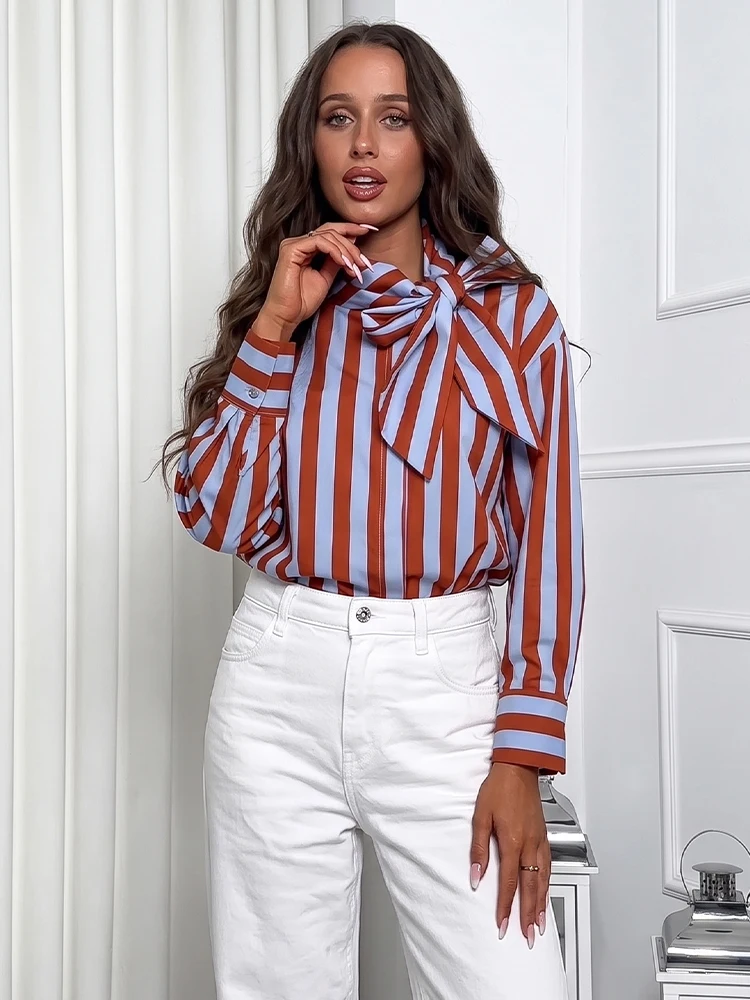 HH Damen Vintage Farbblock Gestreiftes Hemd Eleganter Schal-Kragen Schleife Schnürung Langarm Y2K Bluse 2026 Herbst Mode Party-Oberteil
