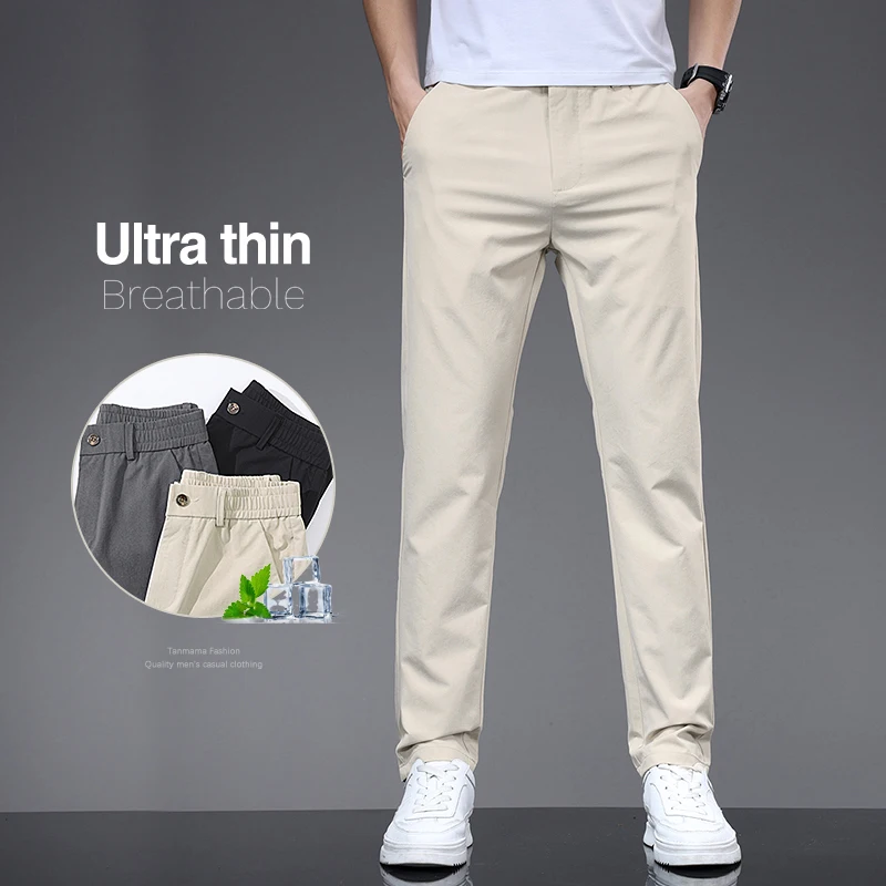 Spring Summer Thin Men\'s Slim Casual Pants Solid Color Elastic Waist Soft Breathable Business Straight Trousers Black Beige Gray