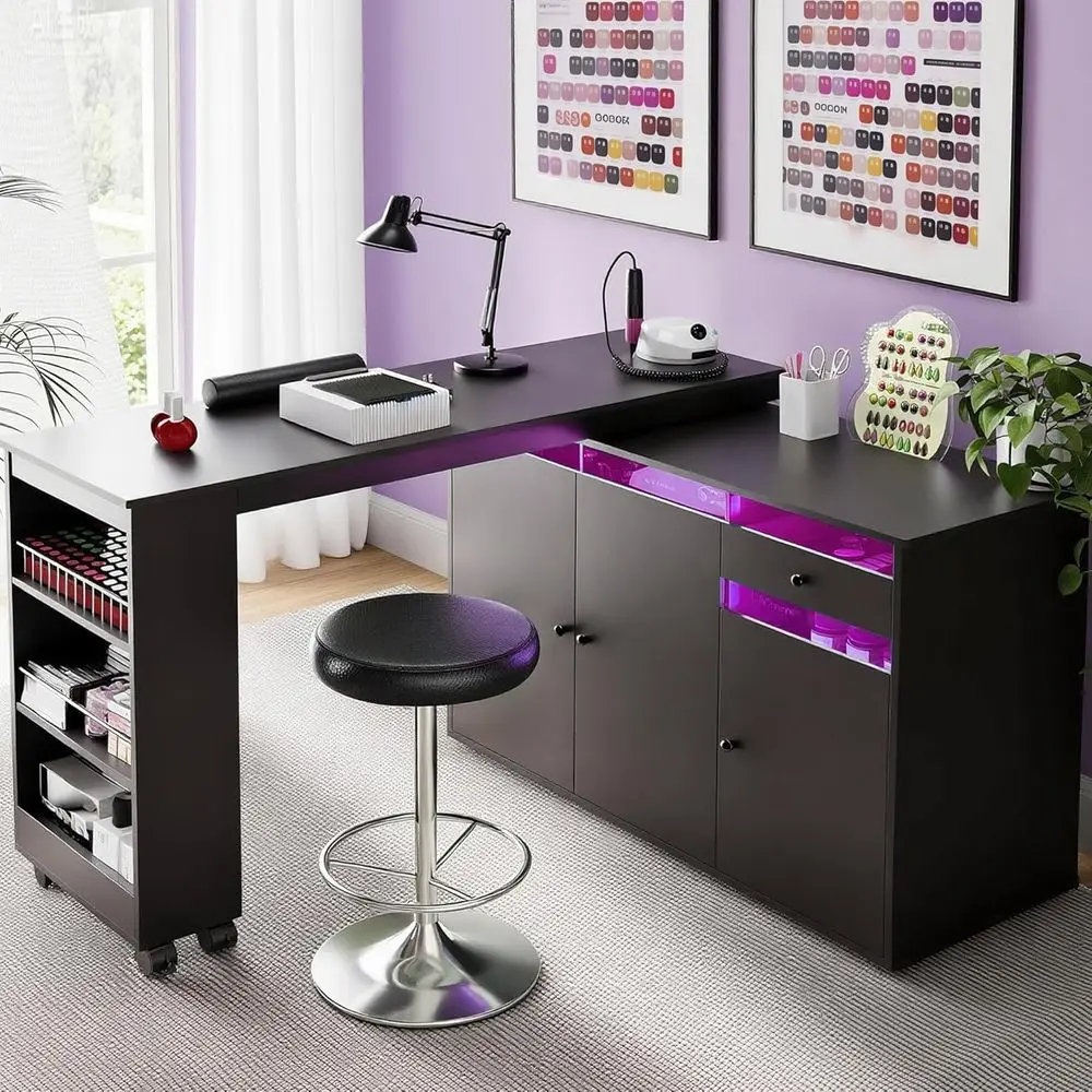 

L-Shaped Dust Collector Nail Station with Rotating Desk and LED Light, Storage Cabinet Included