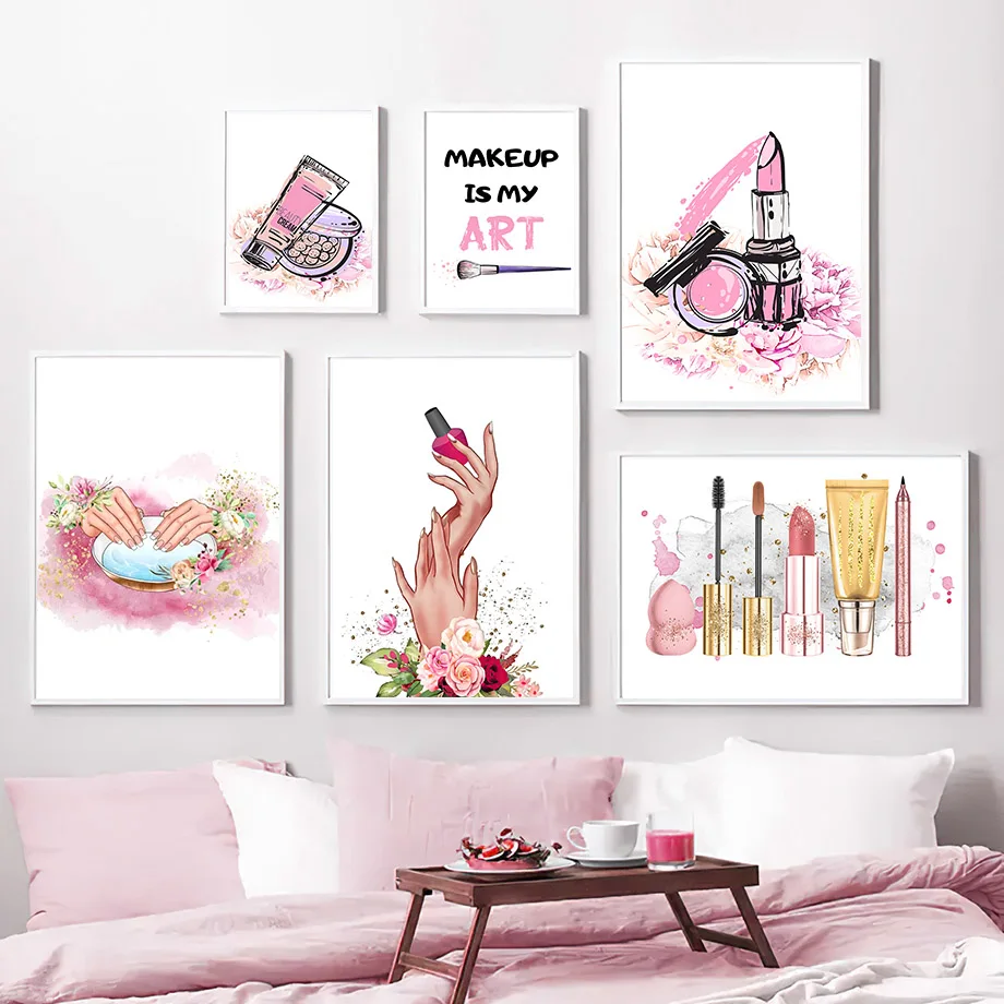 1pc frameless Canvas Painting Pink Watercolor Nail Salon Wall Art Fashion Makeup Manicure Prints Lipstick Eyeshadow Floral Canva