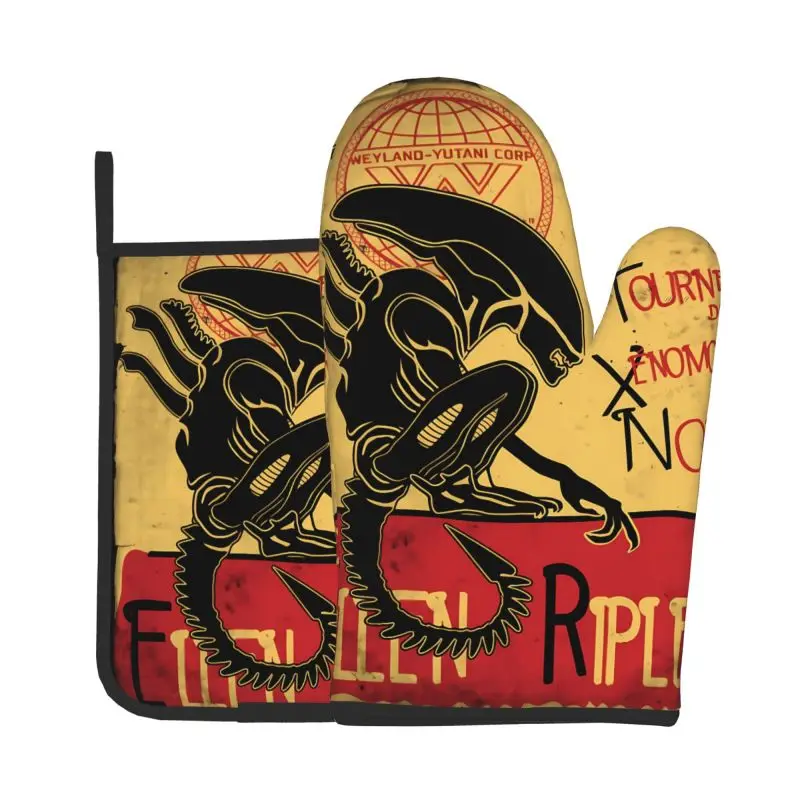 Tournee Du Xenomorphe Noir Oven Mitts and Pot Holders Set of 2 Alien Ellen Ripley Heat Resistant Gloves for Kitchen Cooking BBQ