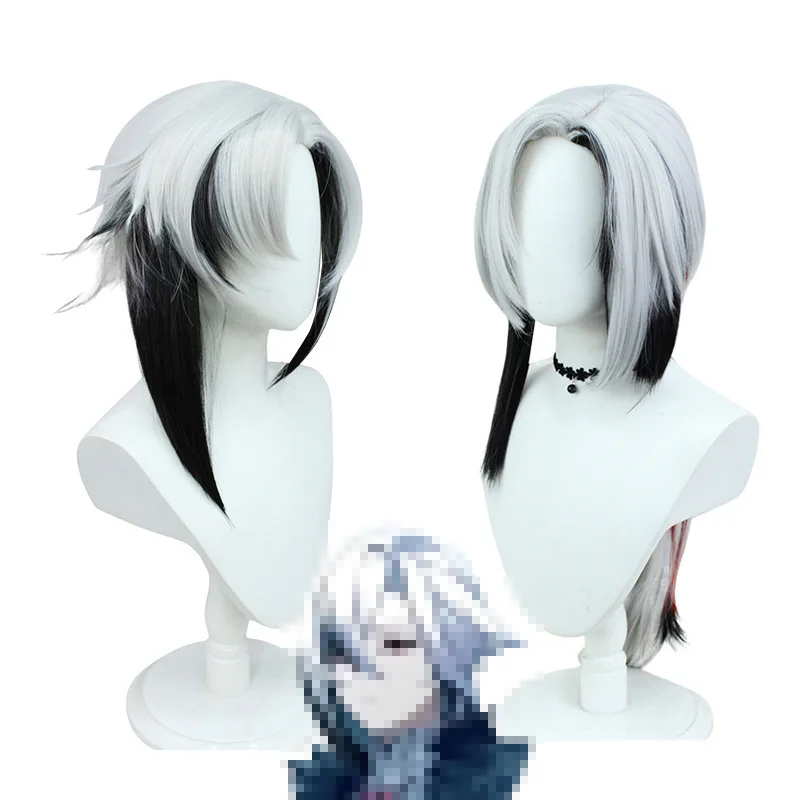 Wig Cosplay Anime Wig Cosplay Arlecchino Kualitas Tinggi Wig Cosplay Knave Fatui Rambut Sintetis Tahan Panas Hitam Putih
