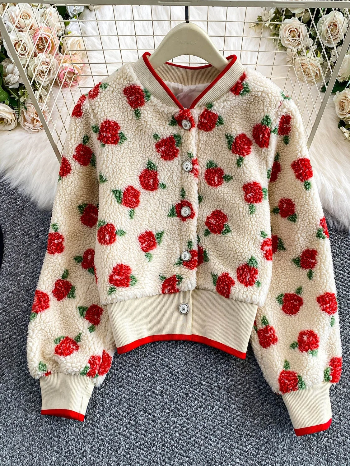 

Slimming Heavyweight Lamb Fur Printed Stand Collar Jaet Women's Winter Luxury Feel Small Size Lightweight Single Button Top