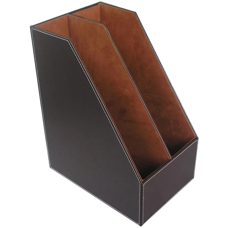 

ADP-PU Leather Desktop File Folder Organizer and Document File Stand Journals Magazine Holder Rack 2 Slots (Brown)