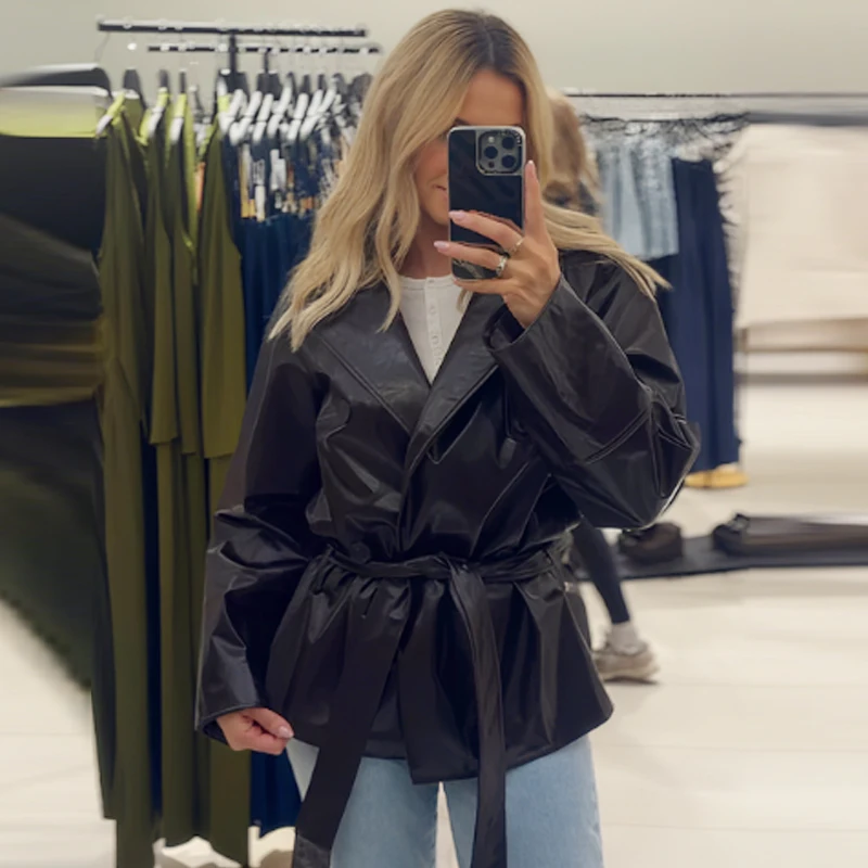 HXAO Women's Jackets Black Leather Jacket Woman Autumn Spring 2025 Chic Belt Crop Long Sleeve Coats Motorcycle Button Outerwears