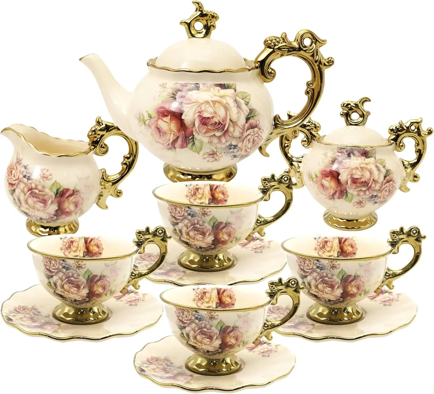 

15-Piece Floral Vintage Porcelain Tea Set, British Style Coffee Service with Large Cups for Weddings and Adults
