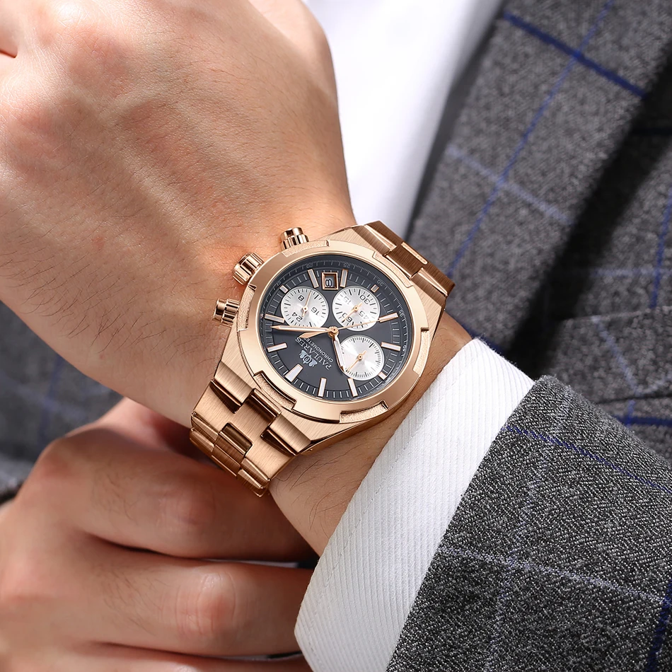 Men Chronograph Luxury Luminous Rose Gold Silver Blue Fashion Quartz Overseas Stainless Steel Watch