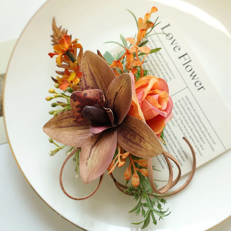 25069 بوتونيير أوركيد للرجال، زهور صناعية لصدار المعصم لديكور الزفاف/الحفلة الراقصة/العودة للوطن، إلخ. قارب بساتين الفاكهة الكراميل