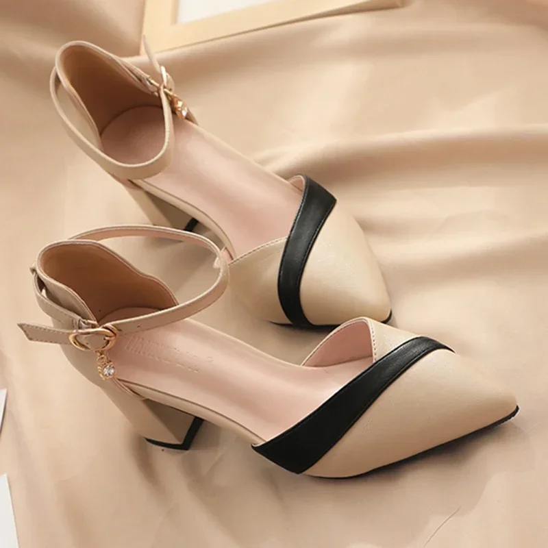 

Rimocy Mix Color Med Heels Pumps Women Pointed Toe Ankle Strap High Heels Shoes Woman Pu Leather Patchwork Office Shoes Female
