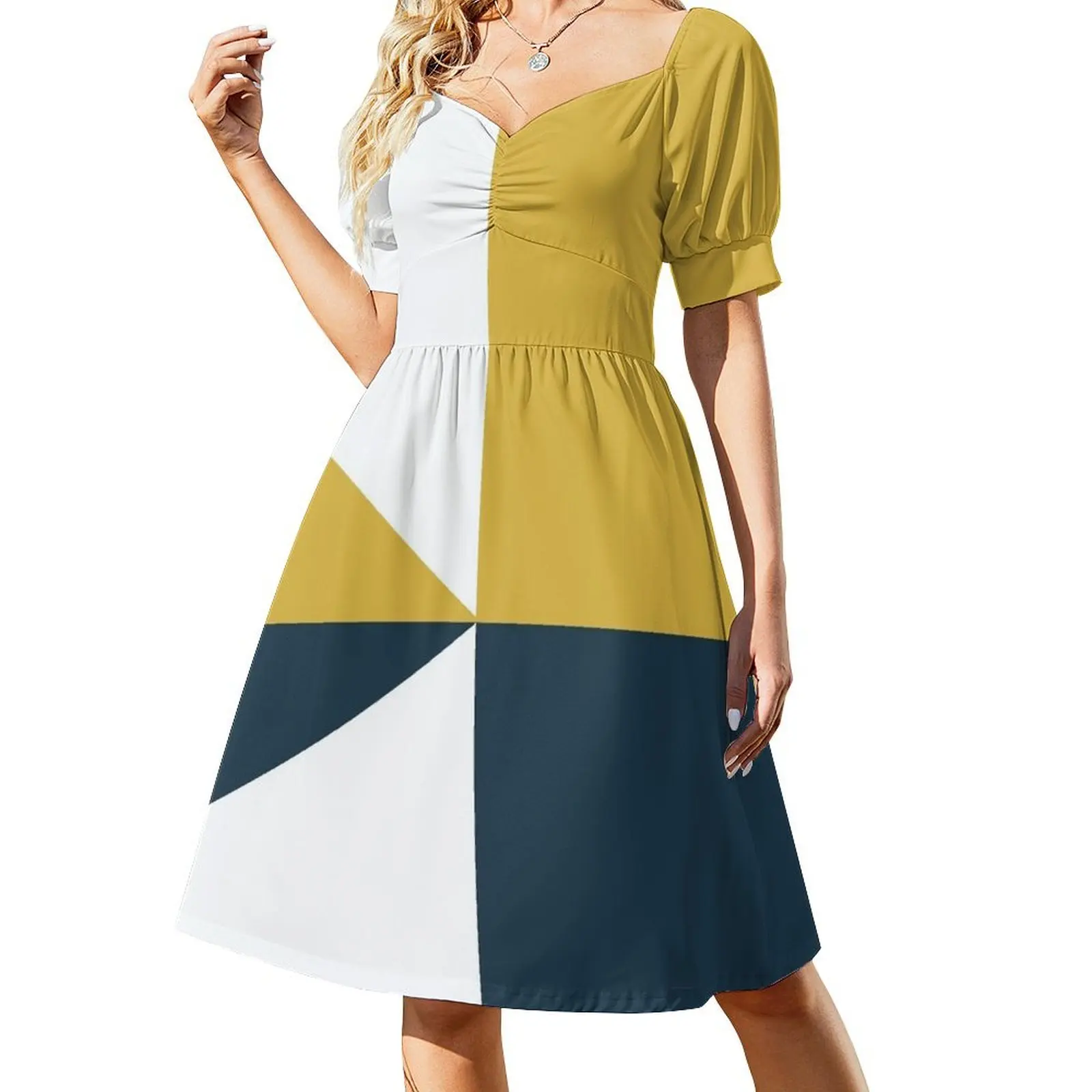 

Angled Color Block in Navy Blue, Light Mustard Yellow, and White Short-Sleeved Dress summer outfits for women 2025