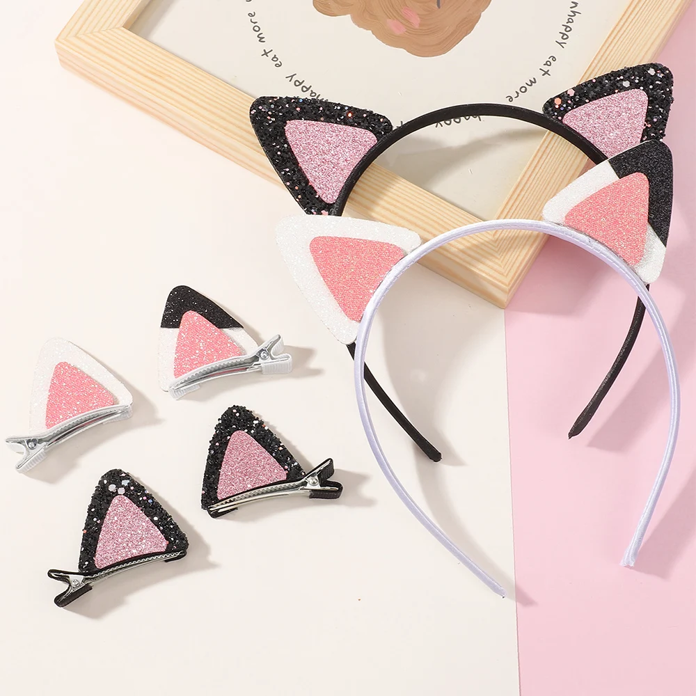 3pcs/Set Cute Sequin Cat Ear Headband for Girls Pink & Black Anime Hair Clip Cartoon Cosplay Headdress Hair Accessories Gift Set