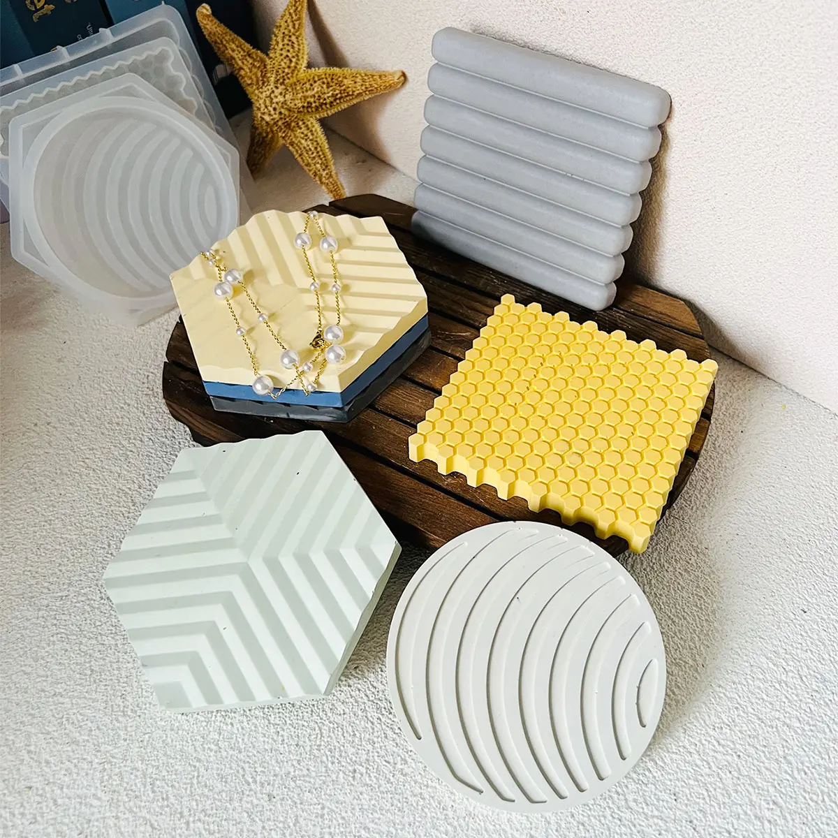 Honeycomb Coaster Mold Circular Snowflake Insulation Pad Concrete Silicone Mold Tree of Life Geometric Trinket Tray Plaster Mold