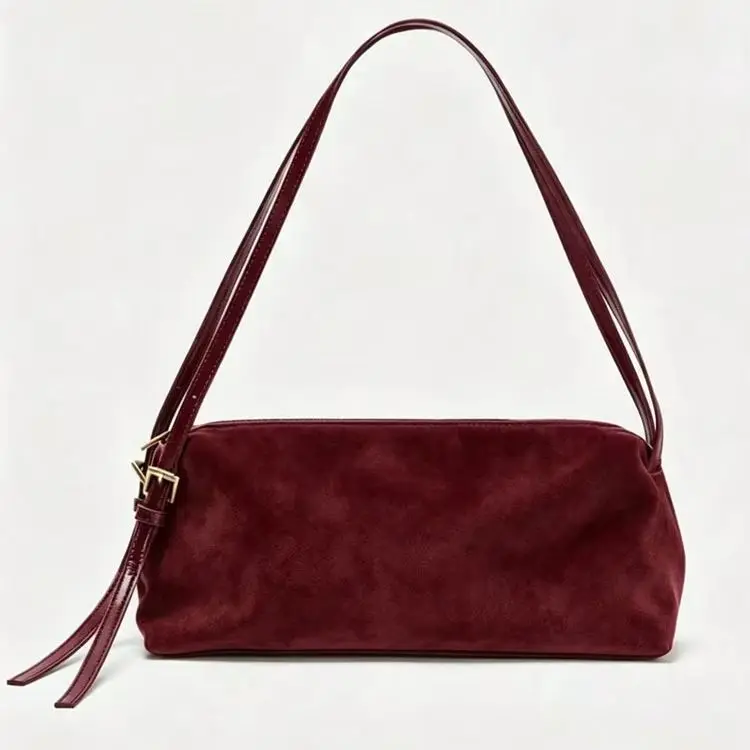 Borsa a Tracolla Minimalista Stile Baguette, Borsa Hobo Sottobraccio in Camoscio Lucido Vintage, Borsa a Cilindro Lunga Retrò per il Pendolarismo, Gra