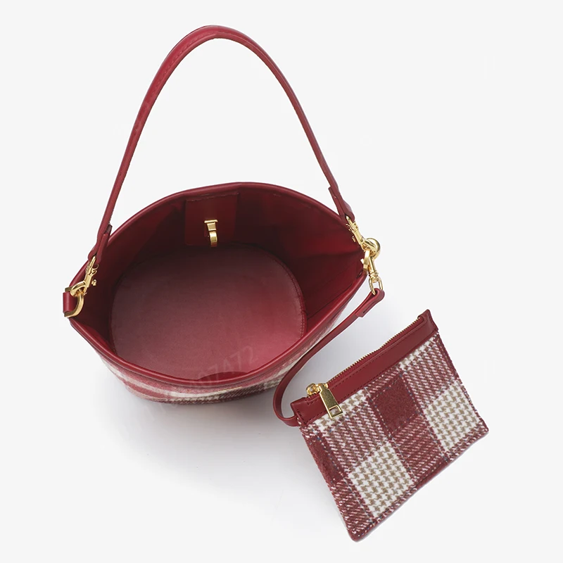 Yao Dong Bridal Bag Wedding Plaid Bucket Bags For Women Luxury Designer Handbags Purses 2023 New In Red Three Piece Set Wallet C