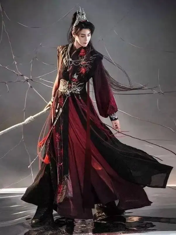 Nuevo Hanfu para Mujer, Vestido Largo con Mangas, Estilo Dinastía Song, con Elementos Han y Diseño de Seda de Araña, Lirio Araña, Negro y Rojo