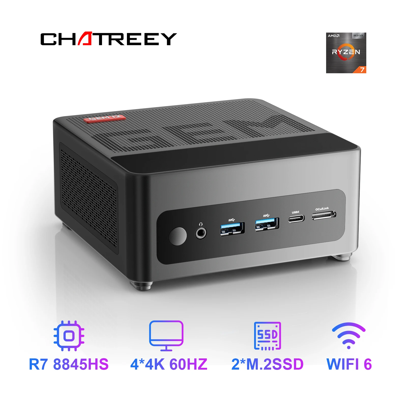 Chatreey GEM Mini PC R7 7840HS 780M R9 6900HX 680M Gaming Desktop Computer with WiFi 6/Bluetooth 5.2/OCuiLink/HDMI/DP/USB 4.0