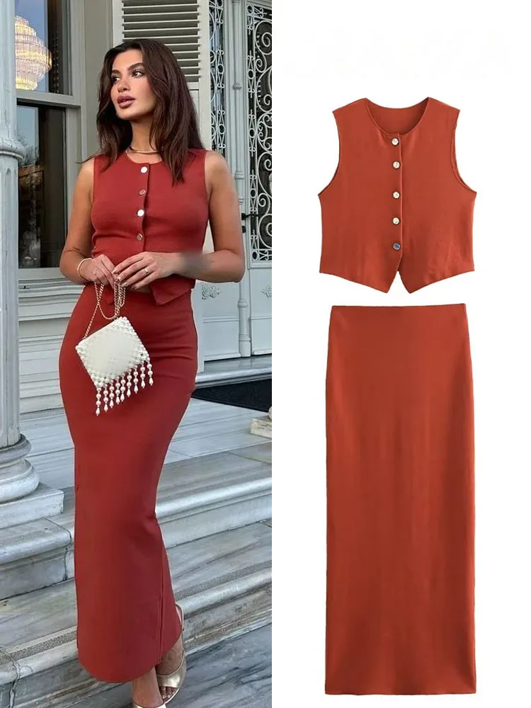 

HH женский комплект из 2 предметов, однобортный вязаный жилет без рукавов с круглым вырезом + элегантная юбка-миди с эластичной резинкой на талии и разрезом по подолу